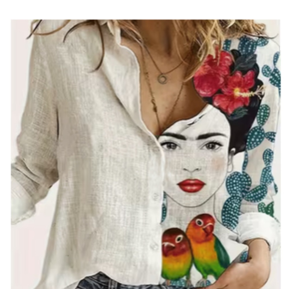 Artistic Button Down Long Sleeve Shirt with Tropical Female Face.